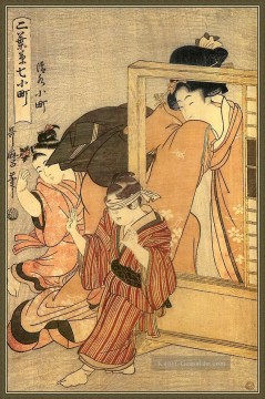 Eine Frau beobachtet zwei Kinder Kitagawa Utamaro Japaner Ölgemälde